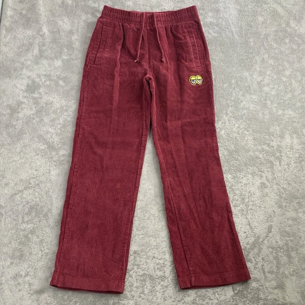 Krooked Skateboarding Pants Mens Small Maroon Corduroy Straight Leg Eyes Logo